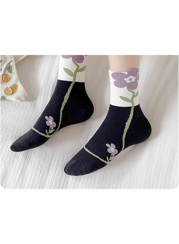 CLENEA 4 Pairs Floral Design Womens Crew Socks, Fun Casual Cotton Socks, Cute Cotton Socks for Women and Girls, Socks for Sports and Daily Wear - Image 5
